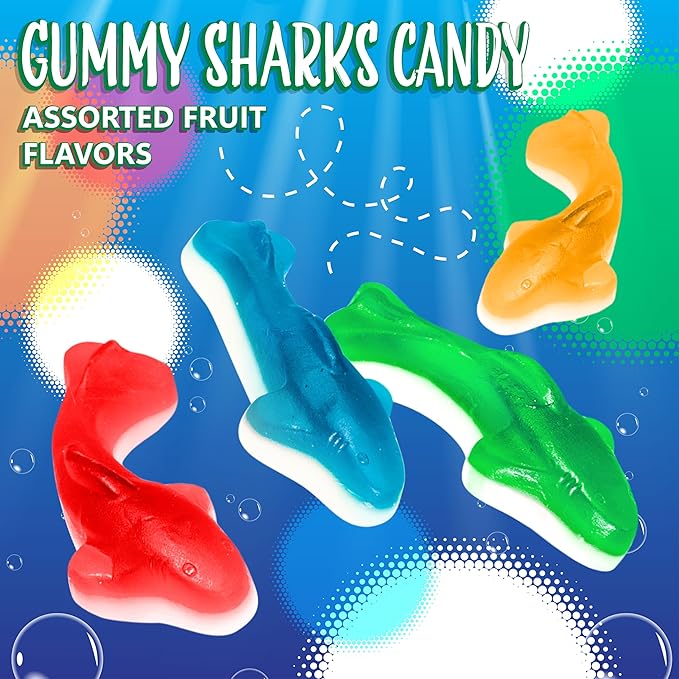 Gummy Sharks Candy | 1-Pound Bag | Assorted Flavors - Blue Raspberry, Lemon, Lime, Cherry