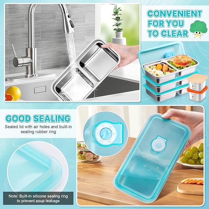 8PCS Stainless Steel Snack Containers — Double Compartment Lunch Boxes + 4Small Sauce Cups | 304 Food-Grade | Reusable, Stackable & Dishwasher Safe | Leak-Resistant Lids for Travel, Kids Lunches