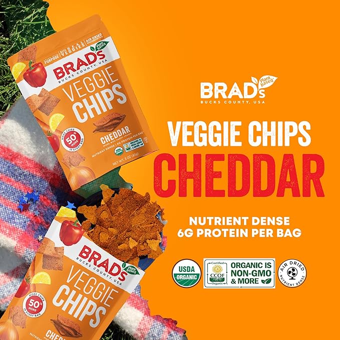 Brad’s Plant-Based - Organic Veggie Cheddar Chips - Delicious Healthy Snacks - High Protein & High Fiber Snacks - Low Carb - Organic Veggie On-the-Go Cheddar Chips - 3 Oz (Pack of 5)