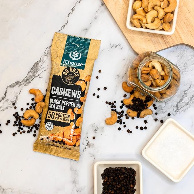 IChoose Go Nuts – Premium Cashews, High Protein Plant-Based Snack, 2 oz per Pack (20 Packs, Black Pepper and Sea Salt)