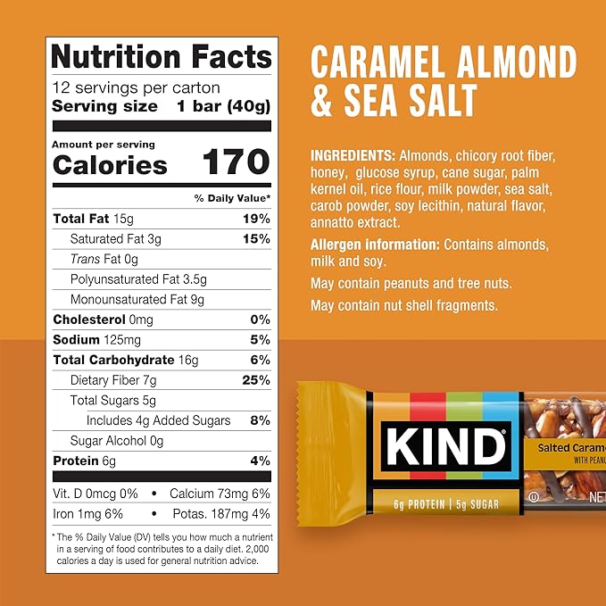 KIND Nut Bars, Caramel Almond & Sea Salt, Healthy Snacks, Gluten Free, Low Sugar, 6g Protein, 24 Count