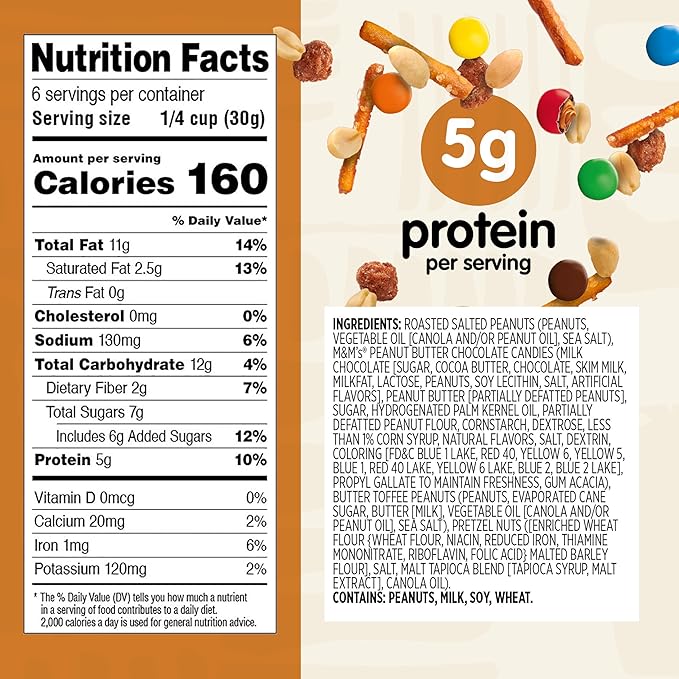 Snak Club Peanut Butter Chocolate Trail Mix with Peanuts, Peanut Butter M&M’S, Toffee Peanuts, and Pretzels, 6 oz Per Bag, 6 Resealable Bags