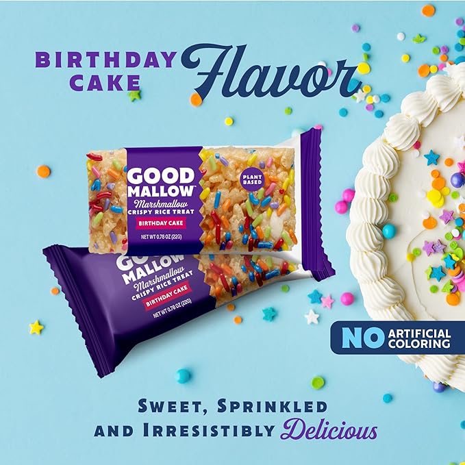 GoodMallow Vegan Rice Crispy Treats Individually Wrapped Box of 8 , Kosher Vegan Snacks, Gluten Free Dairy Free Snacks for Kids & Adults - Healthy Sweets Made with Gourmet Marshmallows , Made in USA (Birthday Cake)