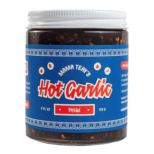 Mama Teav's Mild Garlic Chili Crisp - Mild, Crunchy, Umami Chili Oil with Garlic & Cambodian Chilis - Vegan, Gluten-Free, All-Natural - Cold-Pressed Grapeseed Oil - 6oz Jar