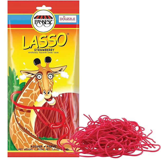 DOUzzle Valentines Day Sweet Treats, Lasso Red Licorice Laces, Candy Ropes Shoe Strings, Strawberry Flavored (3.5 OZ - 1 Pack) Goodie Bag Stuffer, Pinata Filler - Kosher Parve
