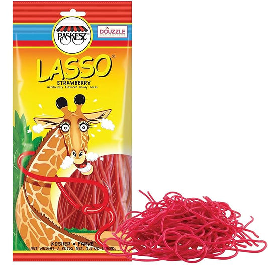 DOUzzle Valentines Day Sweet Treats, Lasso Red Licorice Laces, Candy Ropes Shoe Strings, Strawberry Flavored (3.5 OZ - 1 Pack) Goodie Bag Stuffer, Pinata Filler - Kosher Parve