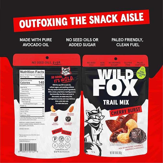 Wild Fox Trail Mix – Healthy Plant-Based Snack Made With Pure Avocado Oil And No Refined Sugar Or Seed Oils Ideal For Vegan Gluten-Free And Paleo Diets, Cherry Burst, 10 Ounce (Pack of 3)