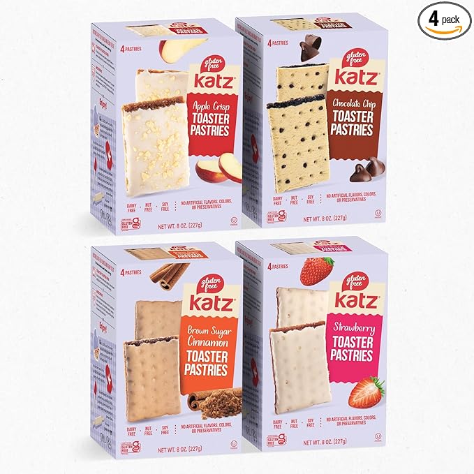 Katz Gluten Free Snacks Toaster Pastries 4 Flavor Fruit Variety Pack Apple Crisp, Cinnamon, Chocolate Chip & Strawberry. Free of Dairy, Soy, Tree nuts, and peanuts. Kosher 8oz (4pk)
