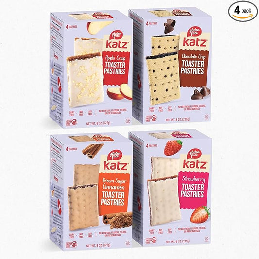 Katz Gluten Free Snacks Toaster Pastries 4 Flavor Fruit Variety Pack Apple Crisp, Cinnamon, Chocolate Chip & Strawberry. Free of Dairy, Soy, Tree nuts, and peanuts. Kosher 8oz (4pk)