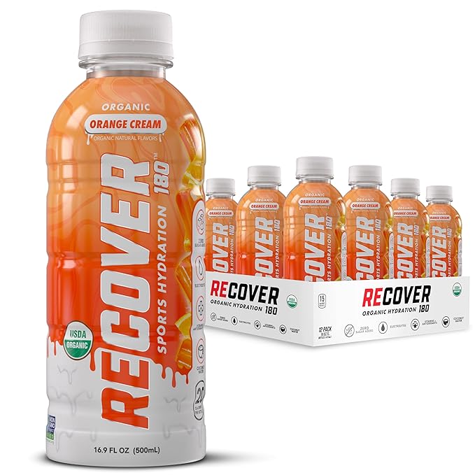 RECOVER 180 Organic Sports Hydration Drink, No Sugar Added, 20 Calorie Sports Beverage, Organic Flavors With Vitamins, Potassium-Packed Electrolytes (16.9 Fl Oz (Pack of 12), Orange Cream)