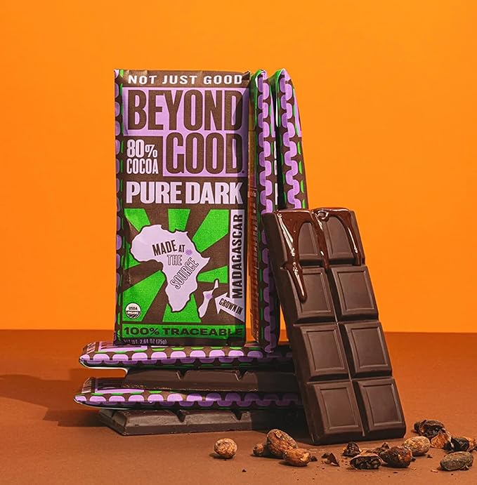 Beyond Good 80% Cocoa Pure Dark Chocolate | 12 Pack - Chocolate Bars | Organic, Direct Trade, Vegan, Kosher, Non-GMO | Single Origin Heirloom Madagascar Dark Chocolate