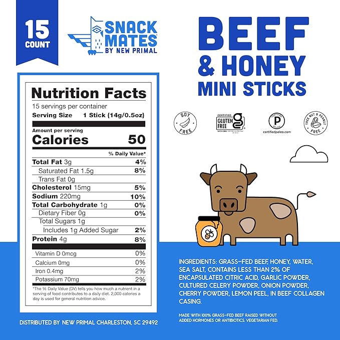 New Primal Snack Mates Beef & Honey Sticks, Healthy Snacks for Kids, Low Sugar High Protein Back to School Snacks, Gluten Free, Mini Jerky Meat Stick, 4g Protein, 50 Calories, 15 Pack