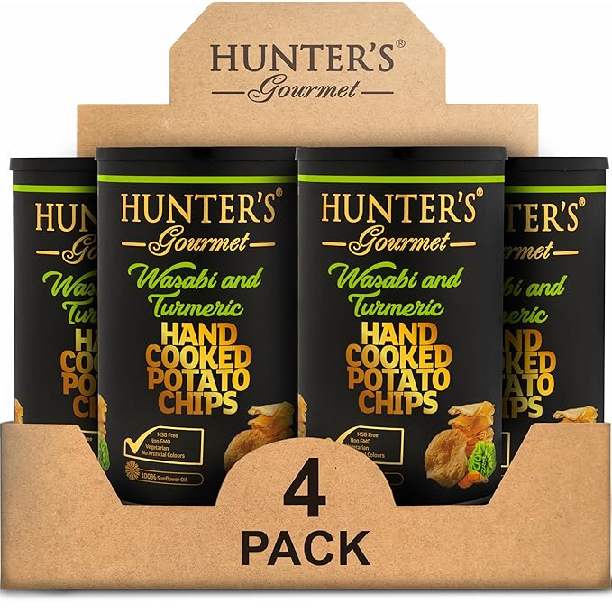Hunter's Gourmet Hand-Cut Chips | No Trans Fat | Made with 100% Sunflower Oil | Wasabi & Turmeric Flavor | Gourmet Travel Snack | Halal | Vegetarian | Gluten-Free Chips | Pack of 4 | 150g