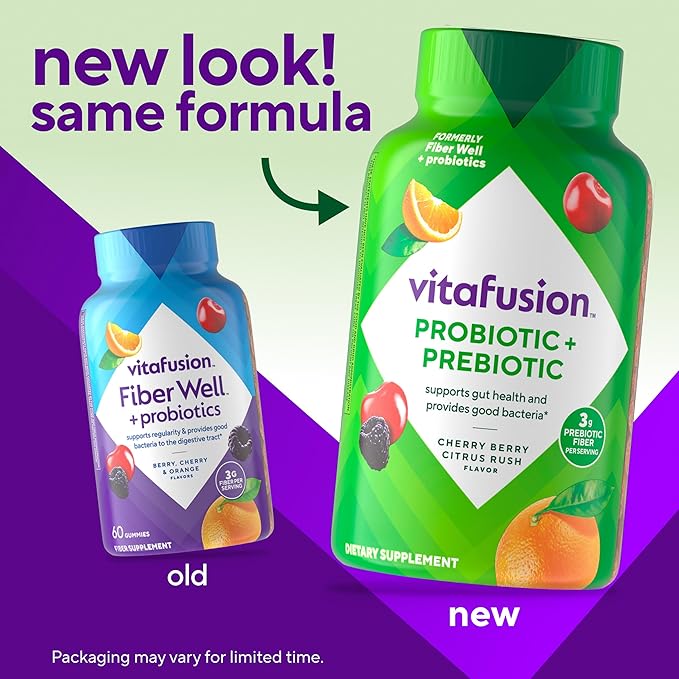 vitafusion Probiotic + Prebiotic Fiber Gummies for Adults, Probiotic Supplement with Prebiotic Fiber to Support Gut Health and Provide Good Bacteria (1), Cherry Berry Citrus Rush Flavor, 60 Count