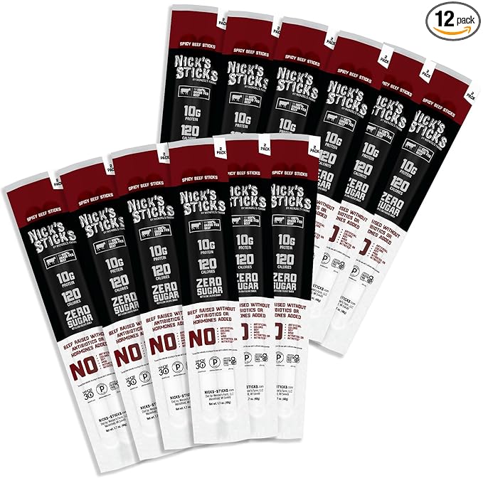 Nick's Sticks Clean & Balanced 100% Grass-Fed Spicy Beef Snack Sticks | Made in the USA | Gluten Free | Paleo, Keto, Whole30 Approved | No Soy, Antibiotics or Hormones (12 – 1.7oz. Packages of 2 Sticks)