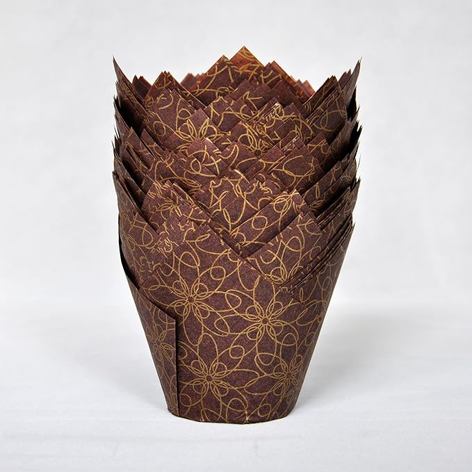 MyBakning (JUMBO Large size) Brown Golden pattern Tulip Baking Cups 2-1/4"(Base diameter) x 3-3/4"(Wall height) Greaseproof paper Muffin liners, Case of 130 pcs