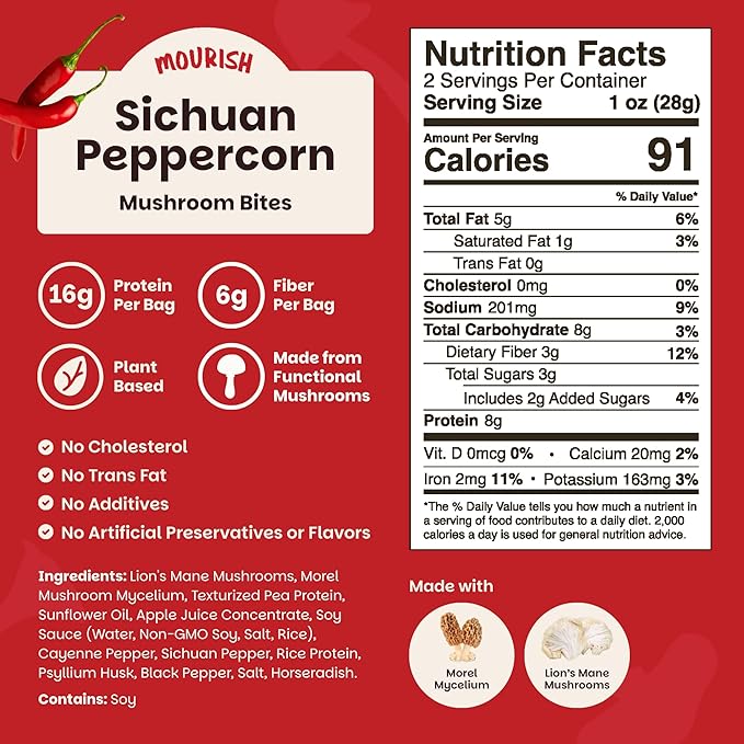 Mourish Vegan Mushroom Bites, Sichuan Peppercorn, 1 Pack (2 oz), Good Source of Protein and Fiber, Plant Based Meat Jerky, Spicy Flavor, Meatless Healthy Snacks for Hiking, Work, Travel & School