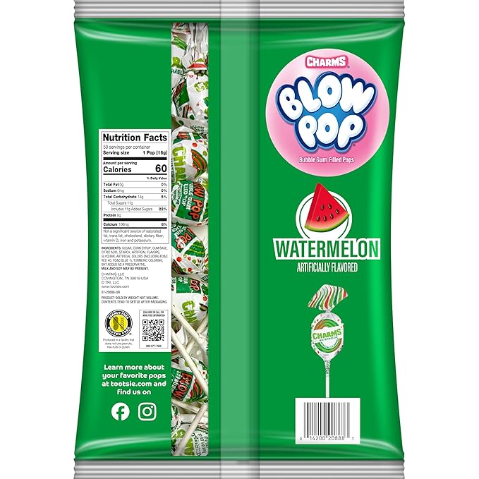 Charms Blow Pop Single Flavor Bag - Watermelon Flavored Lollipops with a Bubble Gum Center - Individually Wrapped Hard Candy - Pink Candy - Peanut Free, Gluten Free, 50 Count (Pack of 1)