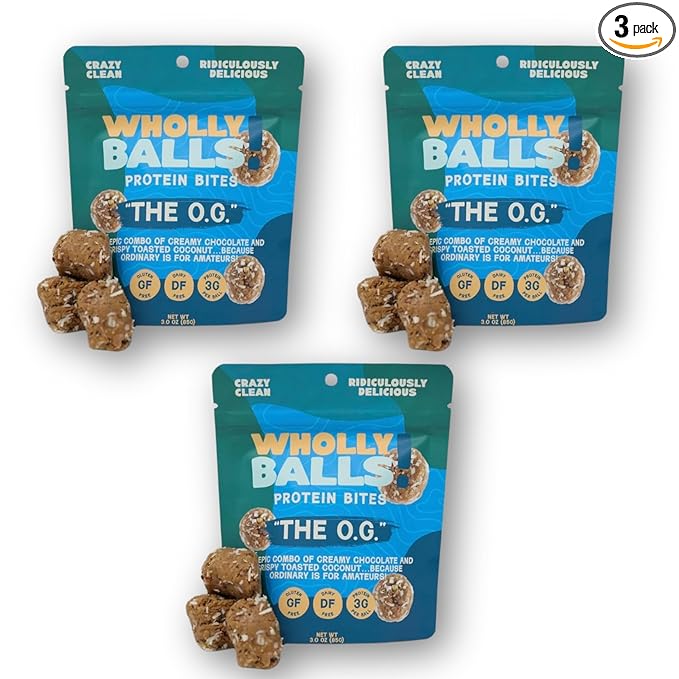 Wholly Balls Protein Bites – Healthy Plant-Based Snack | High Protein, Low Sugar, Gluten-Free Energy Balls (Pack of 3, O.G)