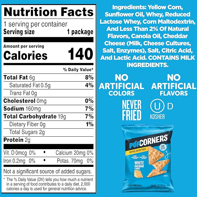 PopCorners Popped Corn Snacks, White Cheddar, 1 Ounce (Pack of 20) (Packaging May Vary)