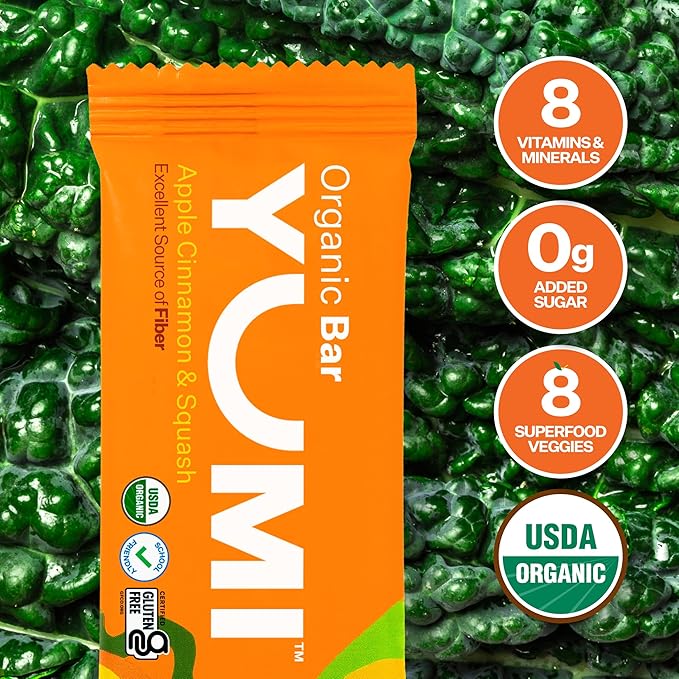 Yumi Organic Toddler Snacks Bars - Gluten-Free, No Added Sugar, 7+ Vegetables, Soft-Baked Crust Yumi Bars, Healthy Toddler Organic Snacks - School Safe and for Lunch Boxes, Apple Cinnamon & Squash (30ct.)