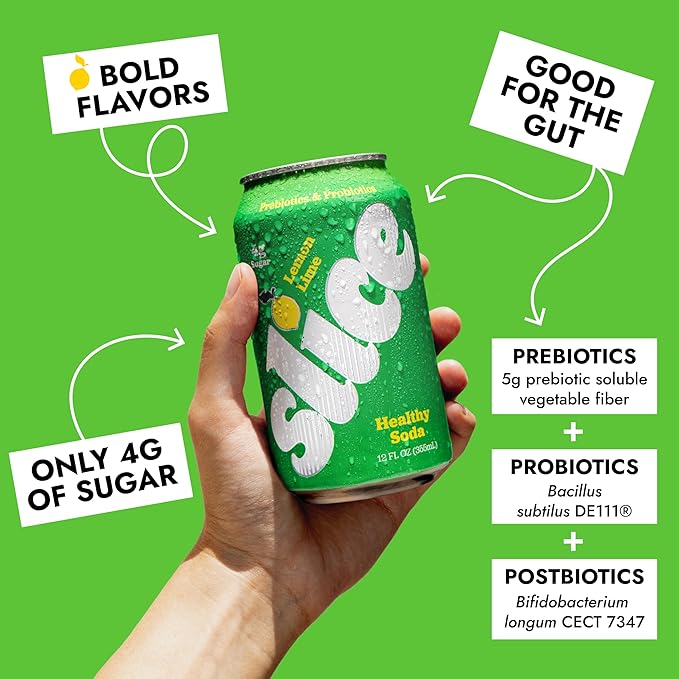 Slice Healthy Soda, Lemon Lime, Prebiotic & Probiotic Soda Pop, 5g Fiber, 35 calories, 12 fl oz 12 Pack