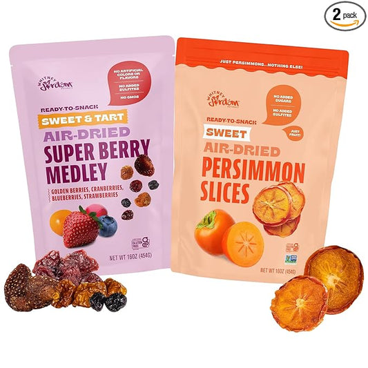 Whitney Jordan Naturals Air-Dried Fruit Variety Pack 16 Oz, Pack of 2 - Super Berry Medley & Persimmon Slices - Gluten-Free, Non-GMO, Vegan Snack - Real Fruit for Clean Snacking