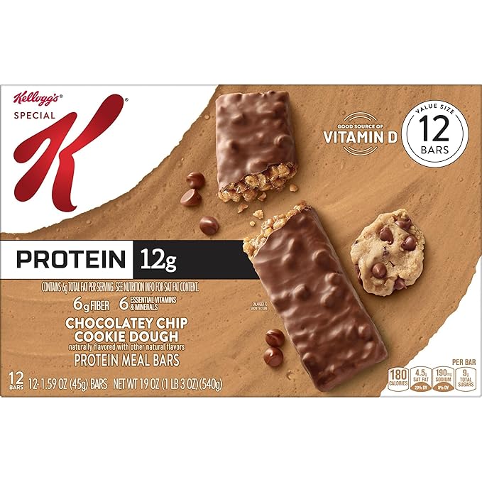 Special K Bar Protein Meal Bars, 12g Protein Snacks, Meal Replacement, Chocolatey Chip Cookie Dough, 19oz Box (12 Count)