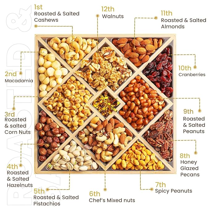 Gourmet Mixed Nuts Gift Basket in Sleek Bamboo Wood Reusable Platter | XL 2.5 lb Platter Includes 12 Assortments of Premium Nuts, Kosher