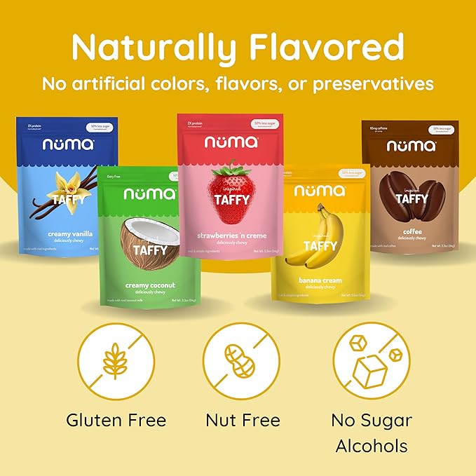 Numa Foods Assorted Nutritious Taffy Candy - 1.45 lb bulk, High Protein, Low sugar - 4 Flavor Chewy and Creamy Variety, All Natural, Individually Wrapped
