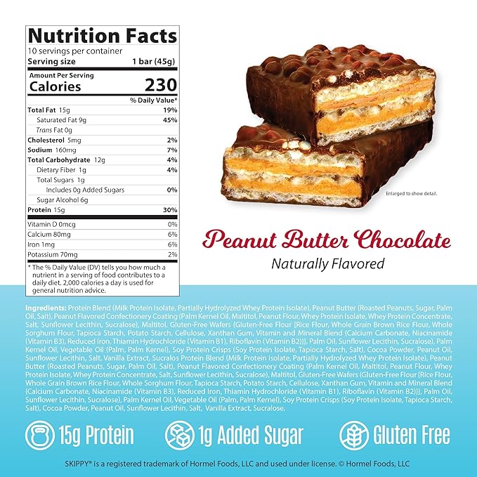 Genius Gourmet SKIPPY® Peanut Butter Chocolate Flavored Wafer Protein Bars,15g Protein per serving (30% DV), 1g Sugar, Chocolatey Snack Bar – 10 Count