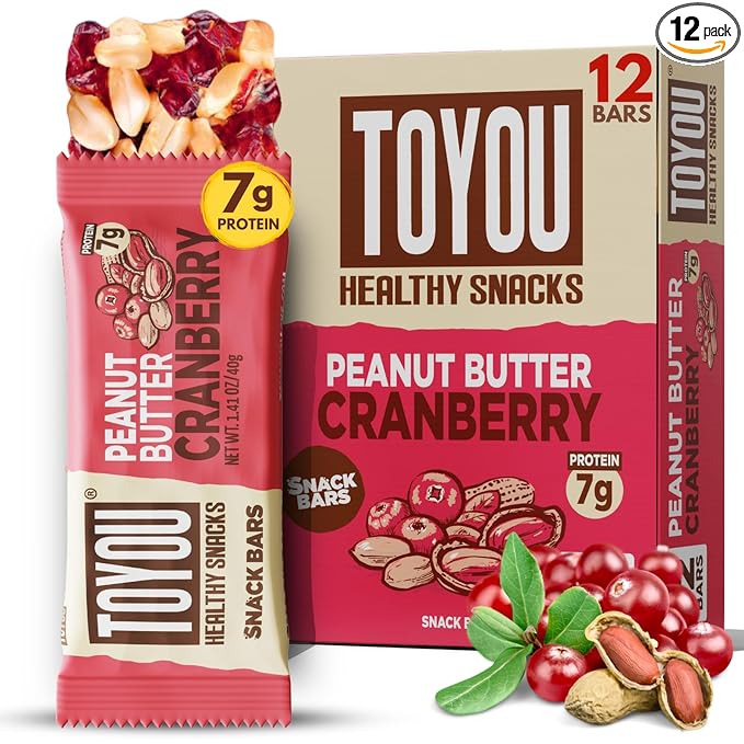 ToYou Gluten Free Chewy Fruit and Nut Bars - Healthy Protein Snacks | Peanut Butter Cranberry - 1.41 Ounce (Pack of 12) | Soft Chewy, Vegan, Fiber-Packed Granola Bars for Adults and Kids, Made with Natural Ingredients
