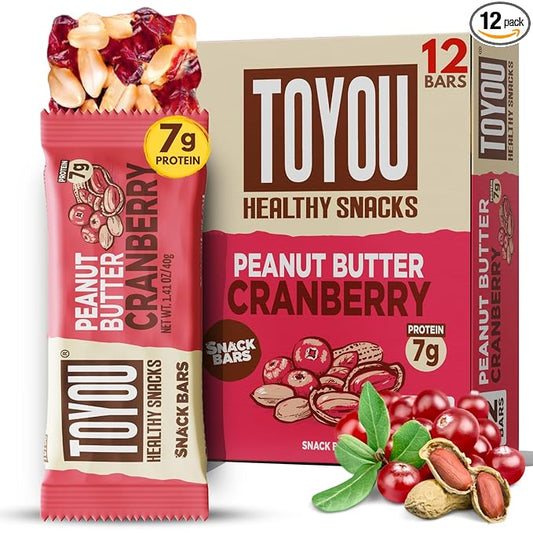ToYou Gluten Free Chewy Fruit and Nut Bars - Healthy Protein Snacks | Peanut Butter Cranberry - 1.41 Ounce (Pack of 12) | Soft Chewy, Vegan, Fiber-Packed Granola Bars for Adults and Kids, Made with Natural Ingredients