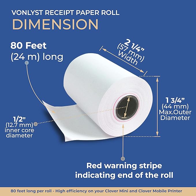 Vonlyst Receipt Paper for Clover Mini and Clover Mobile Thermal Printer 2 1/4 x 80 (30 rolls)