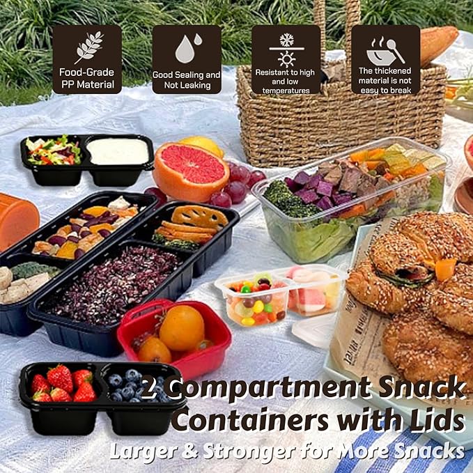 Reusable Snack Containers with Lids - 20PCS Double Compartment Condiment Containers for Snack Prep, Portion Control, Lunches Picnics Parties, Microwave & Dishwasher Safe 6.76oz (CLEAR)