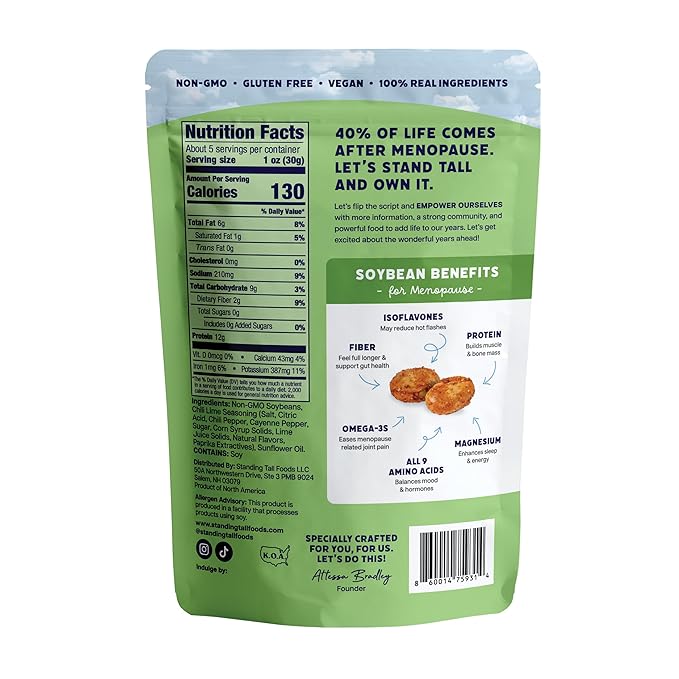 Standing Tall Roasted Soybean Snack, Chili Lime Flavor – Crunchy High-Protein Soybeans, 12g protein, 2g fiber, 0g sugar, Plant-Based Vegan Snack, Gluten-Free, Non-GMO, 3 Count Multi-Pack