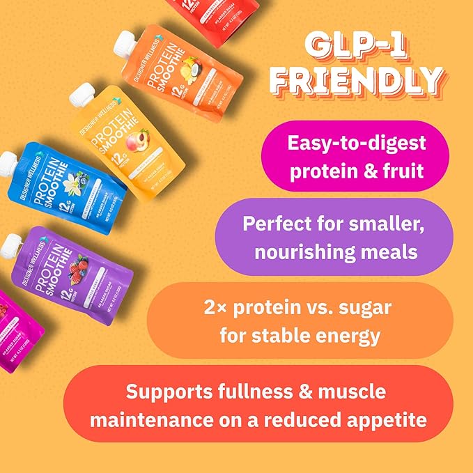 Designer Wellness Protein Smoothie, Real Fruit, 12g Protein, Low Carb, Zero Added Sugar, Gluten-Free, Non-GMO, No Artificial Colors or Flavors, Strawberry Banana, 12 Count