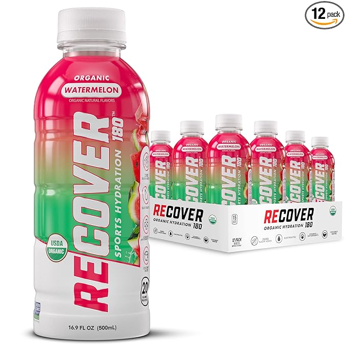 RECOVER 180 Organic Sports Hydration Drink, No Sugar Added, 20 Calorie Sports Beverage, Organic Flavors With Vitamins, Potassium-Packed Electrolytes (16.9 Fl Oz (Pack of 12), Watermelon)