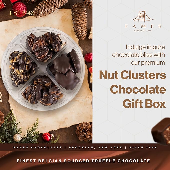 Nut Clusters Chocolate Gift Red Box - Assorted Variety of Caramel Brittles, Pecan Patties, Almond, Cashew Clusters, Kosher - Dairy Free Nuts and Chocolate Gift Basket - Holiday Chocolate Covered Nuts Assortment for Corporate Gifting