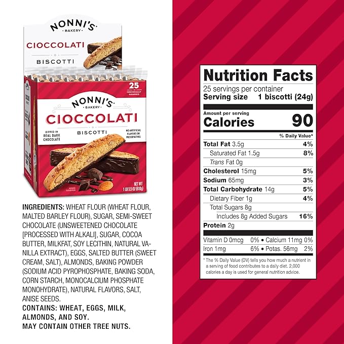 Nonni's Cioccolati Dark Chocolate Almond Biscotti Cookies – Individually Wrapped Italian Coffee Snack, Crunchy Twice-Baked, 21.5 oz Carton