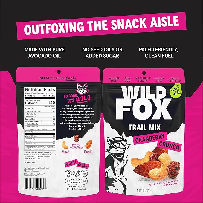 Wild Fox Trail Mix – Healthy Plant-Based Snack Made With Pure Avocado Oil And No Refined Sugar Or Seed Oils Ideal For Vegan Gluten-Free And Paleo Diets, Cranberry Crunch, 10 Ounce (Pack of 3)