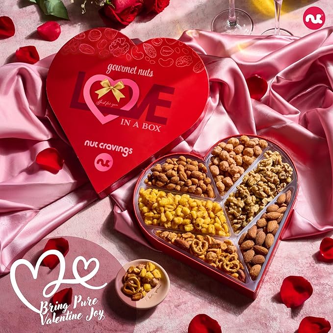 NUT CRAVINGS - Valentines Day Mixed Nuts Heart Shaped Gift Basket, Love in A Box (6 Assortments) Romantic Food Arrangement, Healthy Snack Care Package, Food Assortments