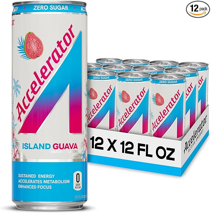 Accelerator Energy Drink, Island Guava 12oz can (12 pack), Zero Sugar, Sustained Energy from 100% Natural Caffeine (200mg from Green Coffee Bean & Green Tea extract)