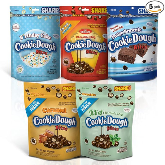Cookie Dough Bites Variety Pack | 10.5 oz (Pack of 5) | Chocolate Chip, Birthday Cake, Caramel, Fudge Brownie, Mint | Original Edible Cookie Dough Movie Theater Candy