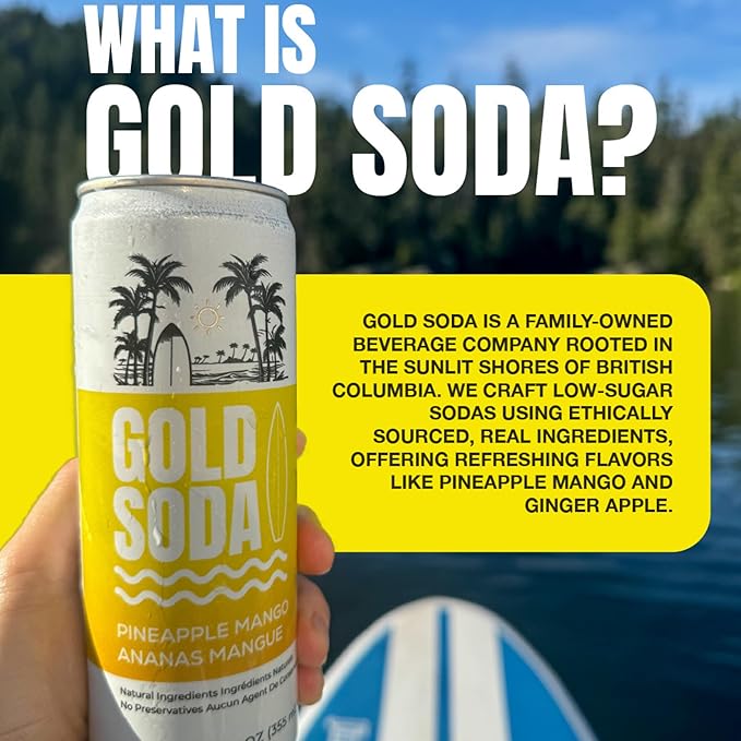 Gold Soda - Natural Ingredients - Organic Cane Sugar - Non-GMO - No Preservatives - Monk Fruit - Sparkling Water - Made with Natural and Organic Flavors,12 Fl Oz (24 Pack) (24 Pack, Ginger Apple)