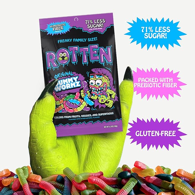 Rotten Original Gummy Worms - Low Sugar, Low Calorie, 7g Gut-Friendly Prebiotic Fiber and 3g Protein, Gluten Free Candy - 5.3 oz Share Pack [4 Pack]