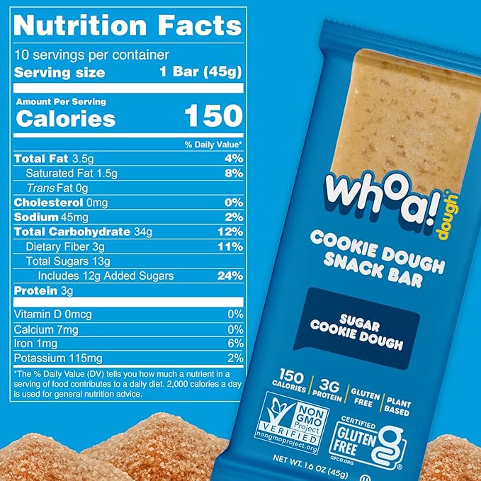 Whoa Dough Edible Cookie Dough Bars- Certified Non-GMO, Kosher and Gluten Free Bars - Healthy Snack Foods - Plant Based Snacks Made With Real Ingredients - Sugar Cookie Dough - 4 Pack