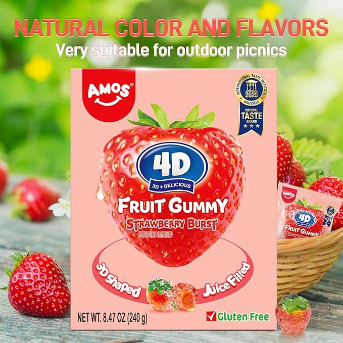 AMOS 4D Gummy Candy Strawberry Burst Candy– Fruity, Jelly-Filled, Natural Flavor – 240g Box (Pack of 10)