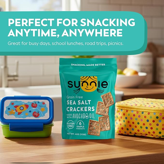 Sunnie Gluten Free Crackers, Healthy Grain-Free Sea Salt Cracker, Snacks for Kids & Adults, Made with Avocado Oil, Only 6 Ingredients, Vegan Snack, Low Calorie, 4 Oz, Pack of 9