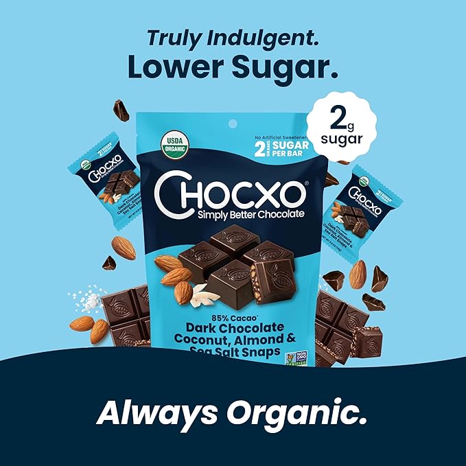 Chocxo Dark Chocolate Coconut Almond & Sea Salt Snaps - Low in Sugar, Organic 85% Cacao, Non-GMO, Keto Certified, Gluten Free & Kosher. No Artificial Sweeteners or Sugar Alcohols, 3.45 oz (Pack of 6)